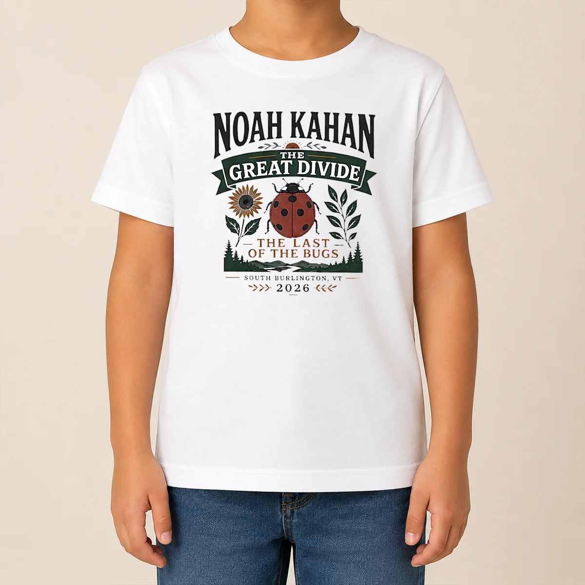 Hot Noah Kahan The Great Divide The Last Of The Bugs South Burlington 2026 Kids T Shirt Hot Noah Kahan The Great Divide The Last Of The Bugs South Burlington 2026 kids t shirt in white, short sleeve cotton tee for children