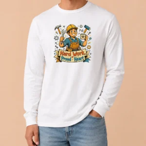 Hot Official Labour Day Proud Worker Doodle Long Sleeve Shirt showing front design on comfortable cotton fabric