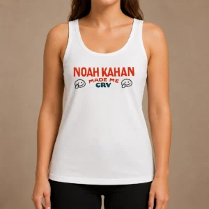 Hot Pretty Noah Kahan Made Me Cry Singer Songwriter tank top in white with bold black text design