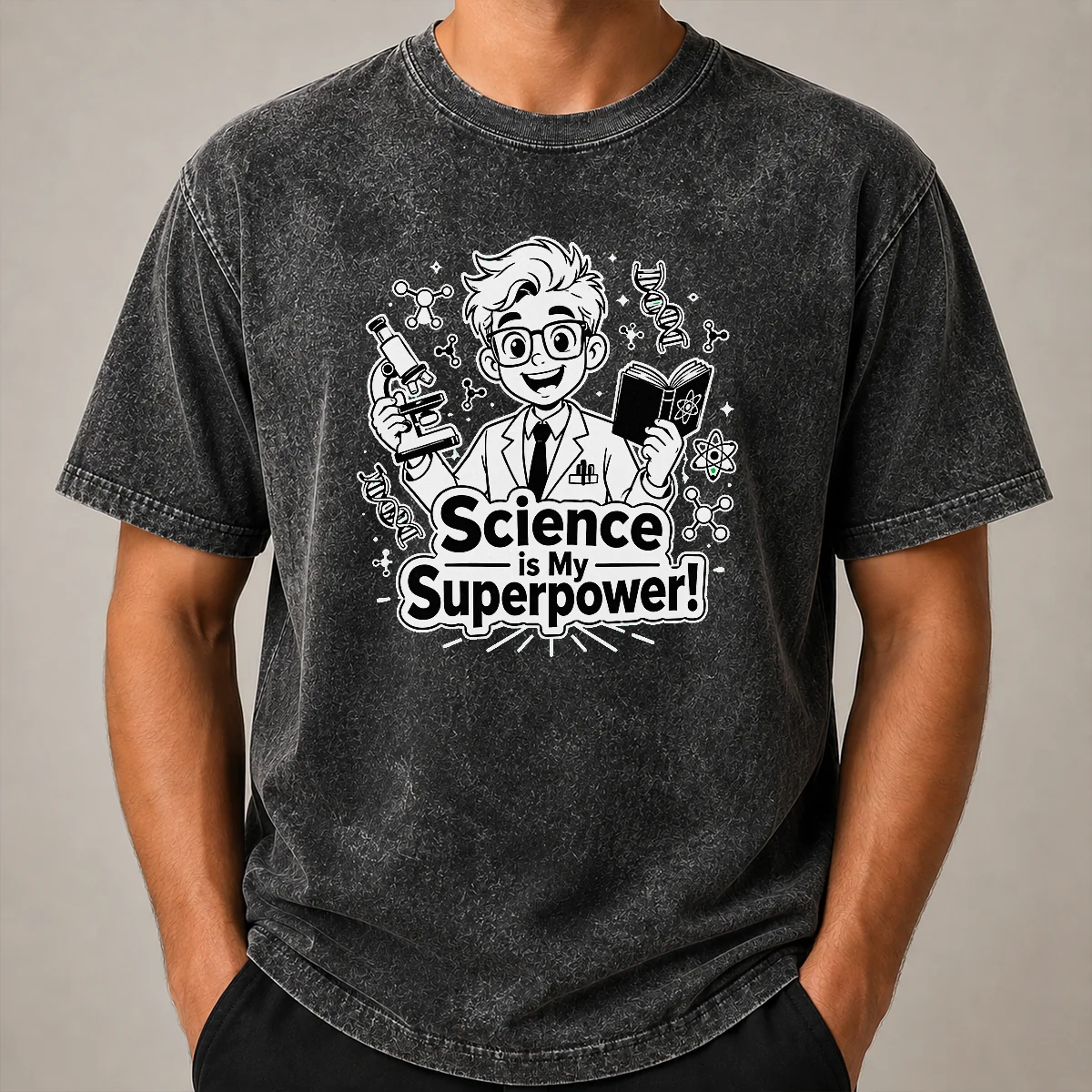 Hot Science Is My Superpower Line Art Washed T Shirt Hot Science Is My Superpower Line Art printed on a soft washed t shirt in light grey