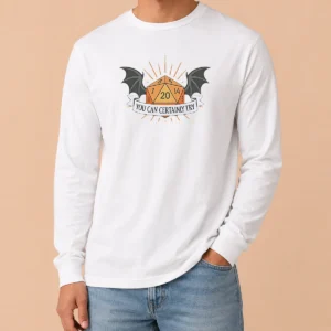 Hot You Can Certainly Try D20 Dice With Wings Long Sleeve Shirt in black, featuring a detailed D20 dice with wings graphic