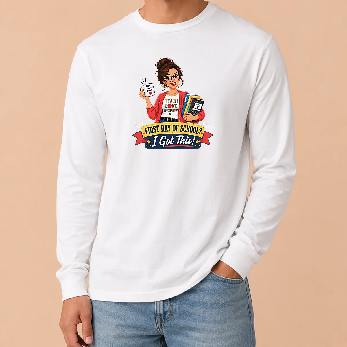 Nice First Day Of School Teacher Vector Long Sleeve Nice First Day Of School Teacher Vector Long Sleeve Shirt showing front design on a crew neck cotton long sleeve