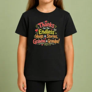 Nice Grandparents Day Thanks Doodle Family Love Kids T Shirt showing colorful doodle design on a short sleeve cotton tee