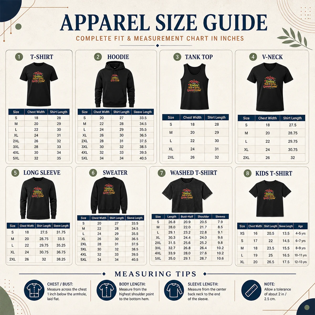 Nice Grandparents Day Thanks Doodle Family Love Size Chart Size chart for Nice Grandparents Day Thanks Doodle Family Love with measurements in inches and cm
