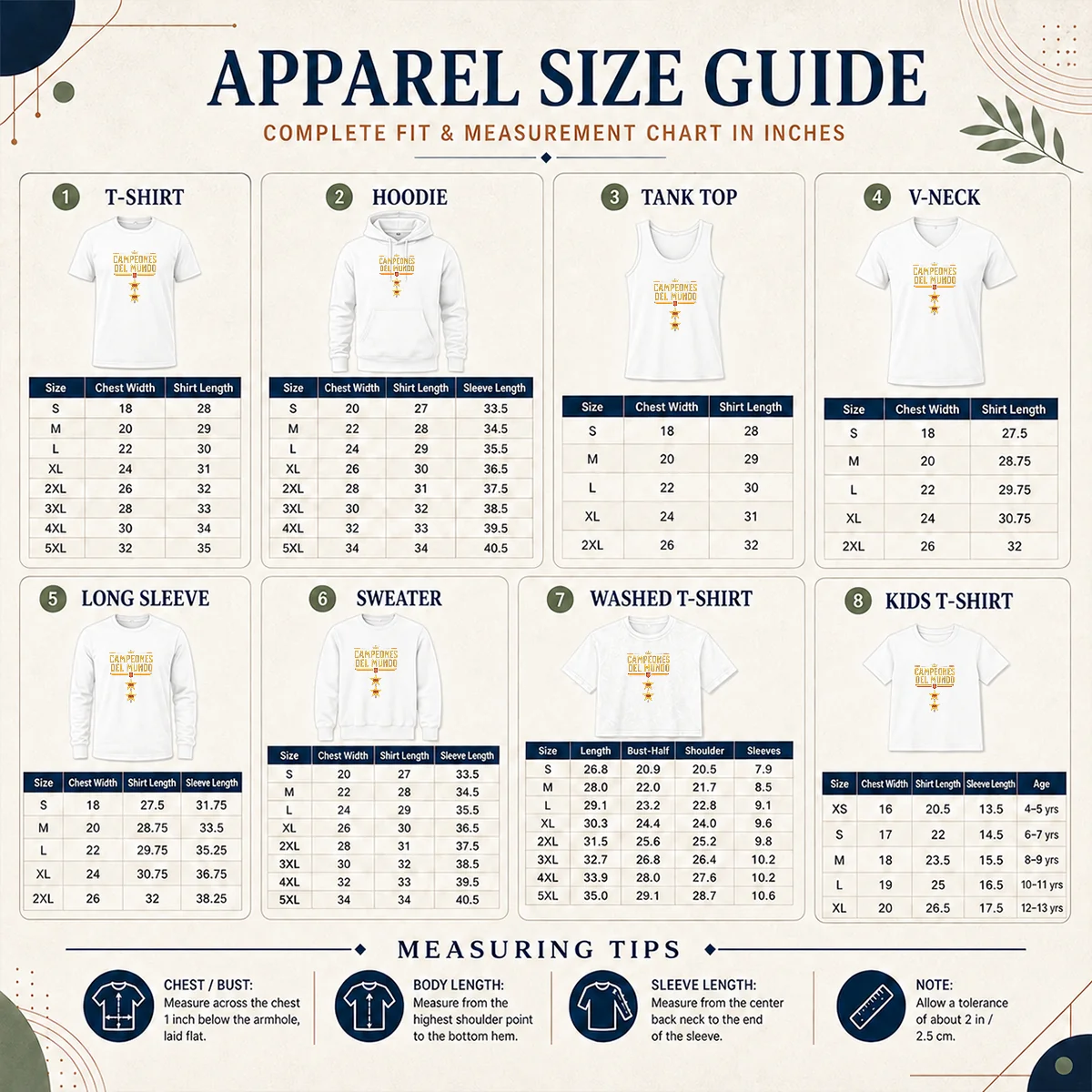 Nice Original Spain World Champions 2026 2 Stars Size Chart Size chart for Nice Original Spain World Champions 2026 2 Stars showing measurements in inches and cm