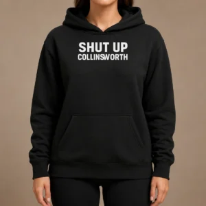 Nice Shut Up Collinsworth NFL Football Broadcaster Hoodie in black with front graphic and drawstring hood