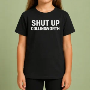 Nice Shut Up Collinsworth NFL Football Broadcaster kids t shirt in blue, featuring bold text graphic on front
