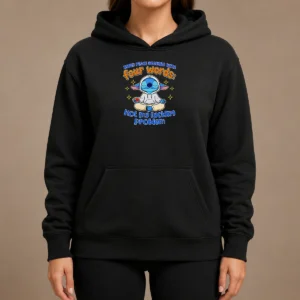 Nice Stitch Inner Peace Begins With Four Words Not My Fucking Problem Hoodie in black, front view with kangaroo pocket and drawstring hood