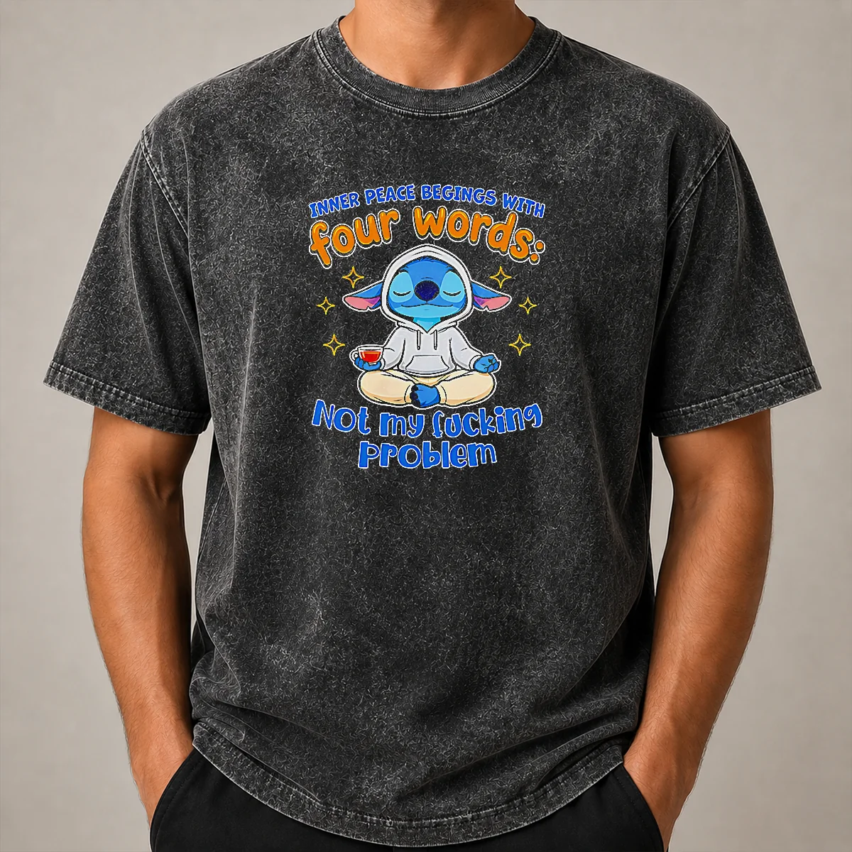 Nice Stitch Inner Peace Begins With Four Words Not My Fucking Problem Washed T Shirt Nice Stitch Inner Peace Begins With Four Words Not My Fucking Problem washed t shirt in faded black with bold white text