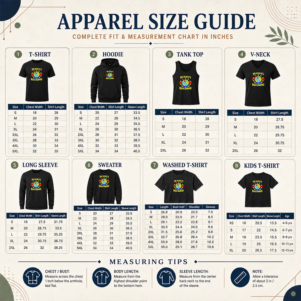 Nice The People'S World Champion Size Chart Size chart for Nice The People'S World Champion showing measurements in inches and cm for accurate sizing