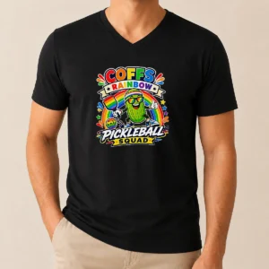 Nice Vibrant Coffs Rainbow Pickleball Enthusiast V Neck Shirt in bright colors, soft fabric, and comfortable fit