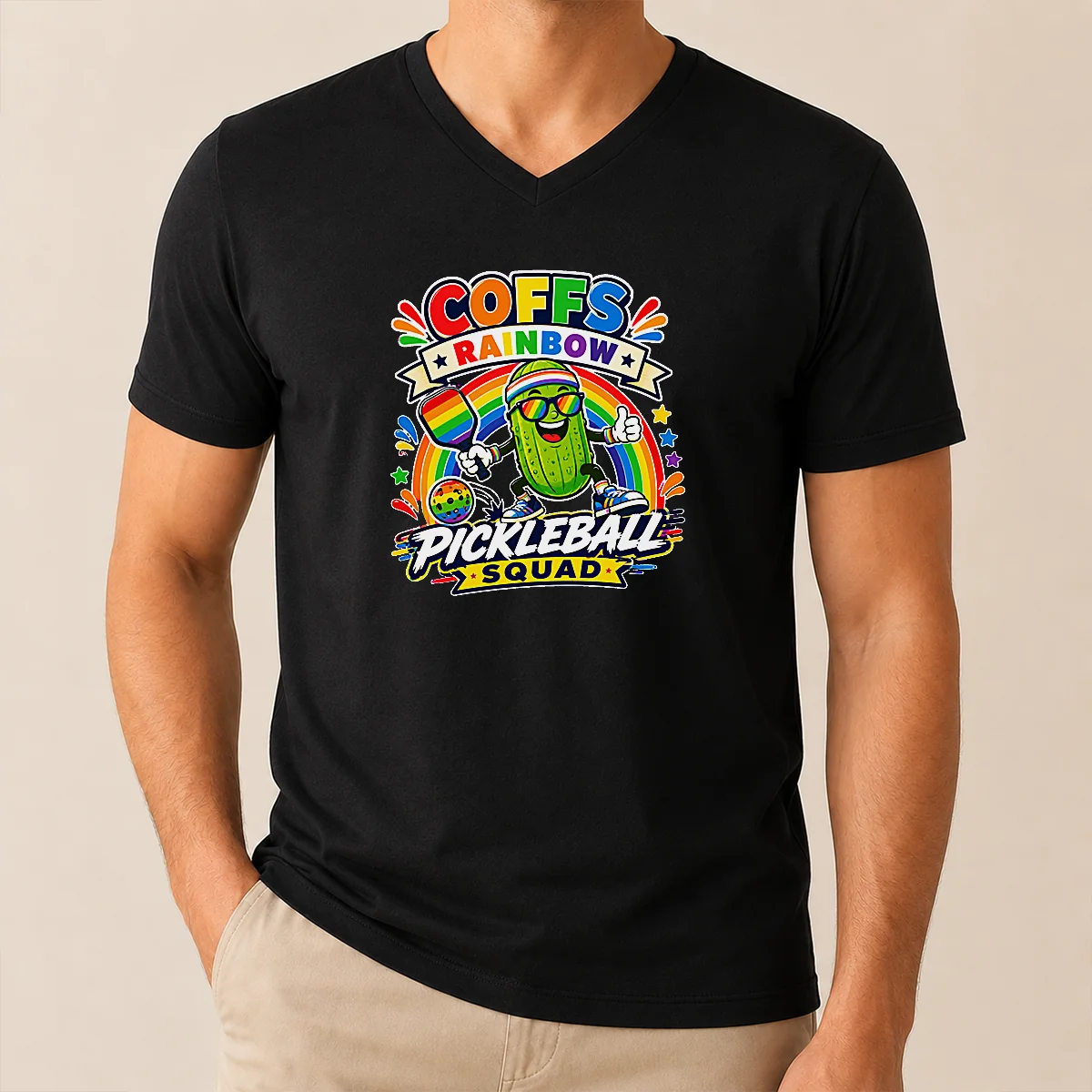 Nice Vibrant Coffs Rainbow Pickleball Enthusiast V-Neck Shirt Nice Vibrant Coffs Rainbow Pickleball Enthusiast V-Neck Shirt