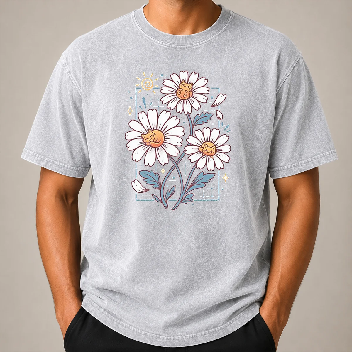 Nice With Cat Daisies Washed T Shirt Nice With Cat Daisies Washed T-Shirt