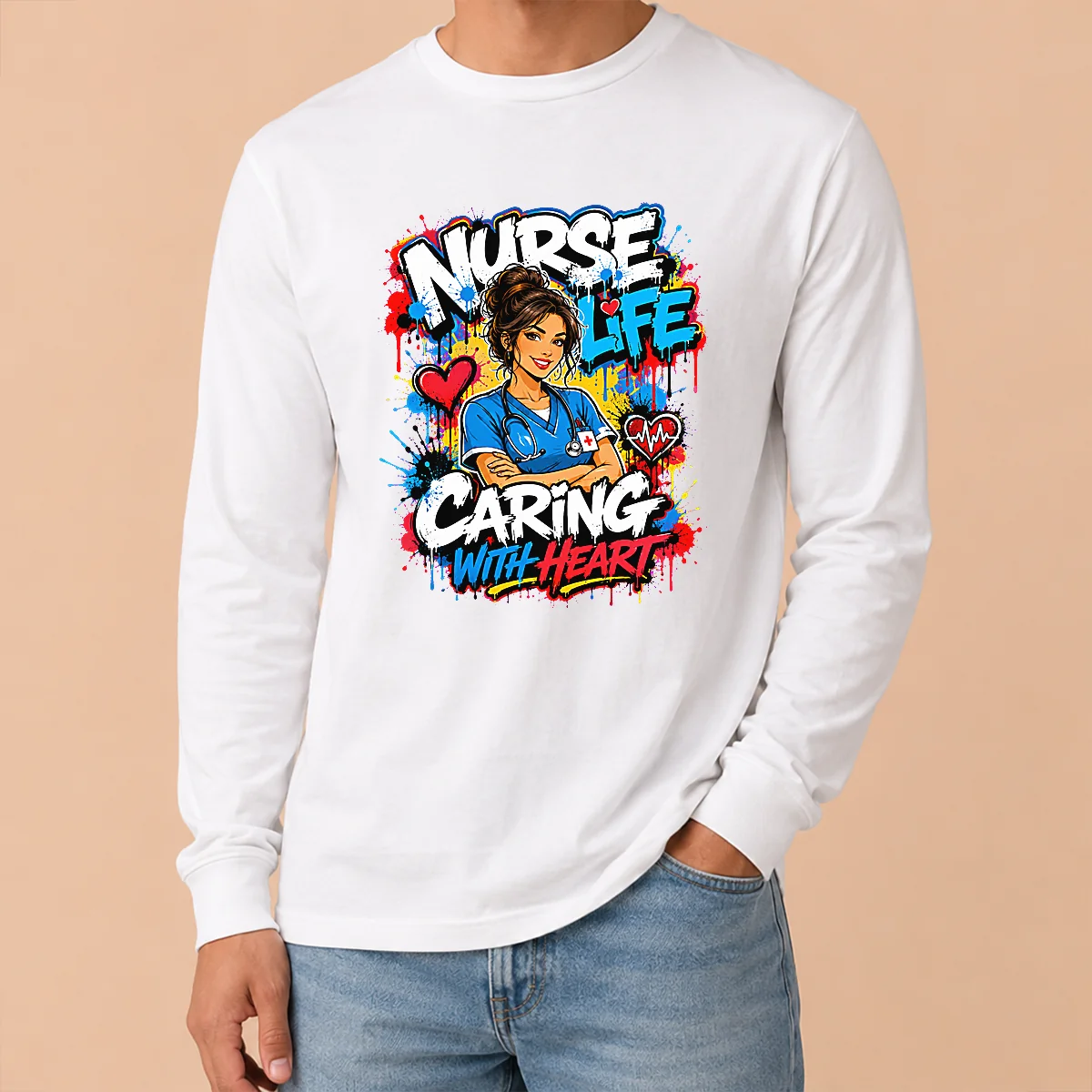 Nurse Life Caring With Heart Graffiti Long Sleeve Shirt Nurse Life Caring With Heart Graffiti Long Sleeve Shirt
