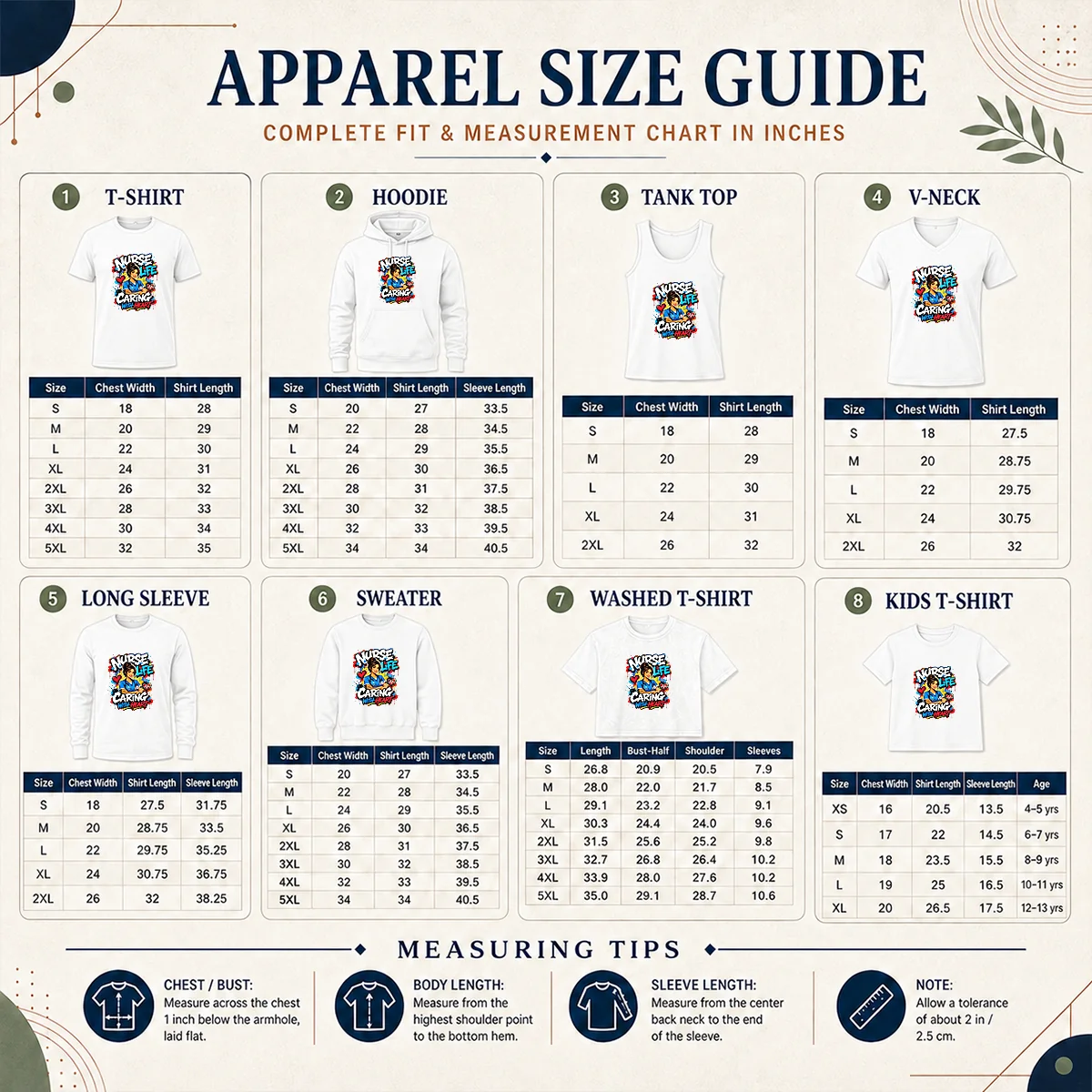 Nurse Life Caring With Heart Graffiti Shirt Size Chart Size chart for Nurse Life Caring With Heart Graffiti Shirt with measurements in inches and cm.
