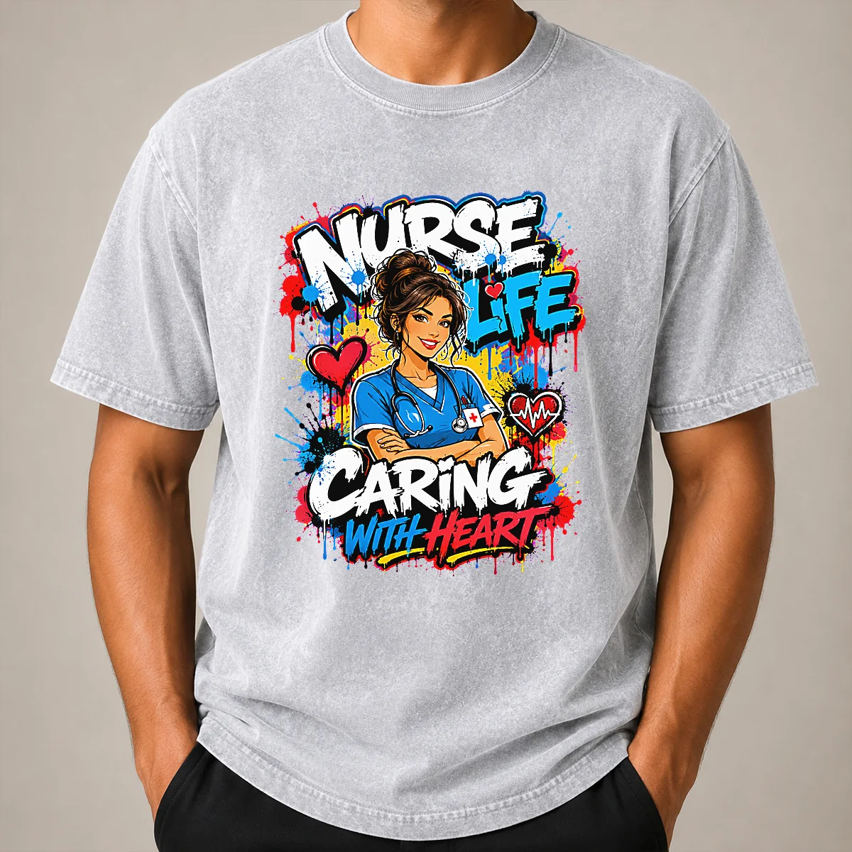 Nurse Life Caring With Heart Graffiti Washed T Shirt Nurse Life Caring With Heart Graffiti Washed T-Shirt