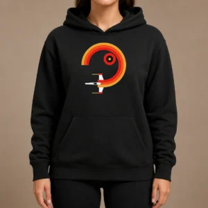 Official Awesome Star Wars X Wing Retro Sunset Spiral Circle Hoodie in black with front graphic print, long sleeves, and drawstring hood