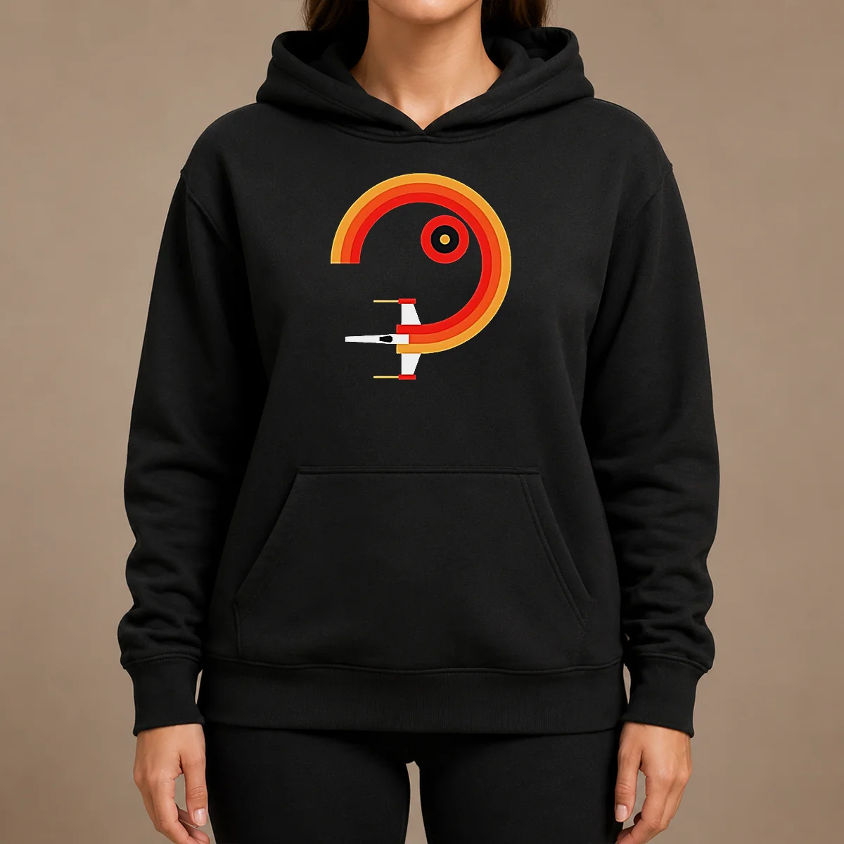 Official Awesome Star Wars X Wing Retro Sunset Spiral Circle Hoodie Official Awesome Star Wars X Wing Retro Sunset Spiral Circle Hoodie in black with front graphic print, long sleeves, and drawstring hood