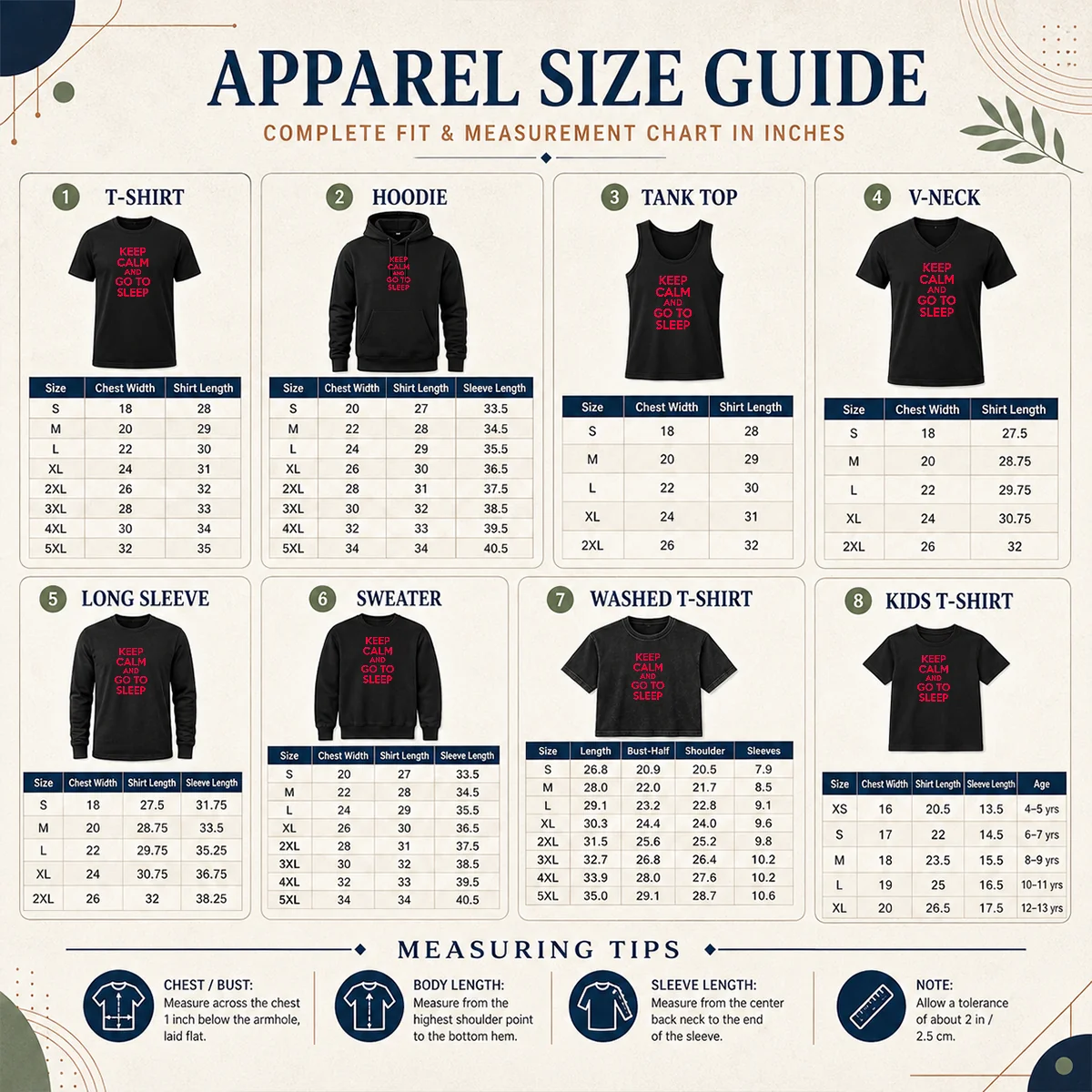 Official Keep Calm And Go To Sleep Size Chart Size chart for Official Keep Calm And Go To Sleep with measurements in inches and cm