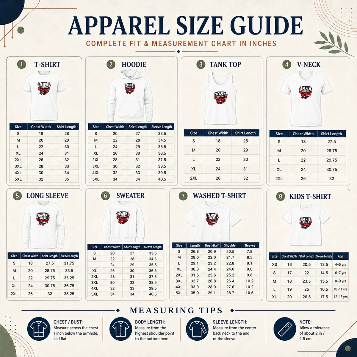 Original Dopamine Addicted To You Streetwear Typography Size Chart Size chart for Original Dopamine Addicted To You Streetwear Typography with measurements in inches and cm