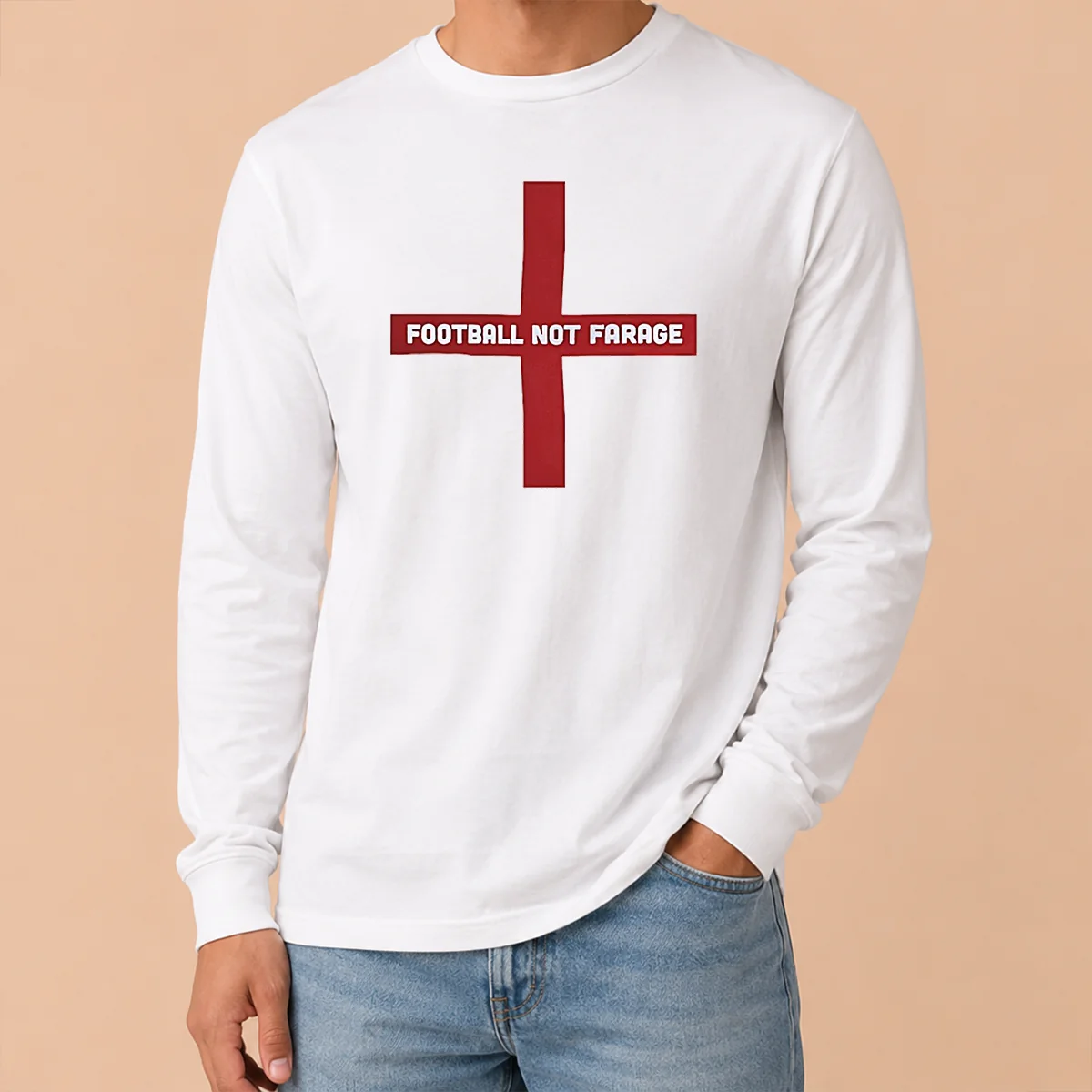 Original Funny Football Not Farage England St George'S Cross Long Sleeve Shirt Original Funny Football Not Farage England St George'S Cross long sleeve shirt in white with bold graphic print