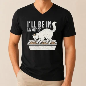 Original I Will Be In My Office Funny Cat Meme Litter Box V-Neck Shirt