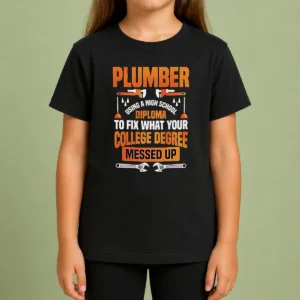 Original Plumber High School Diploma College Degree Messed Up Kids T Shirt in white, short sleeve cotton tee for children