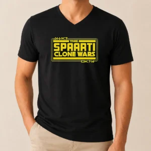 Original The Spaarti Clone Wars Sci Fi V Neck Shirt showing front design on a fitted v neck garment