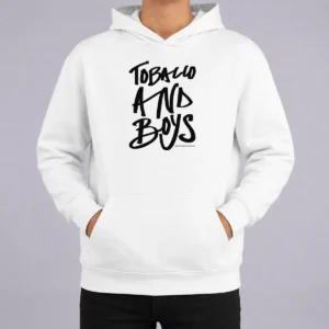 Original Tobacco And Boys Hoodie in dark color with front pocket and adjustable hood, displayed on a plain background
