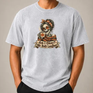 Original Vintage Funny Halloween Skeleton Girl Coffee Washed T-Shirt