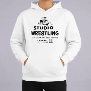 Premium Studio Wrestling Live From The WIIC Studios Channel 11 Pittsburgh Hoodie in black with front graphic print