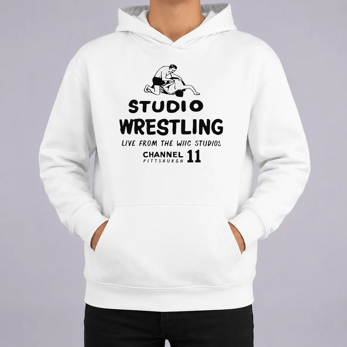 Premium Studio Wrestling Live From The WIIC Studios Channel 11 Pittsburgh Hoodie Premium Studio Wrestling Live From The WIIC Studios Channel 11 Pittsburgh Hoodie in black with front graphic print