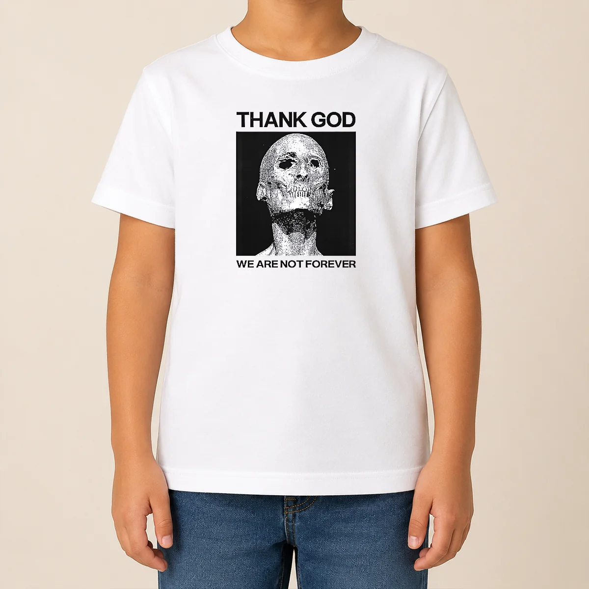 Premium Thank God We Are Not Forever Skull Art Memento Mori Kids T Shirt Premium Thank God We Are Not Forever Skull Art Memento Mori Kids T Shirt in black, featuring bold skull graphic and memento mori text