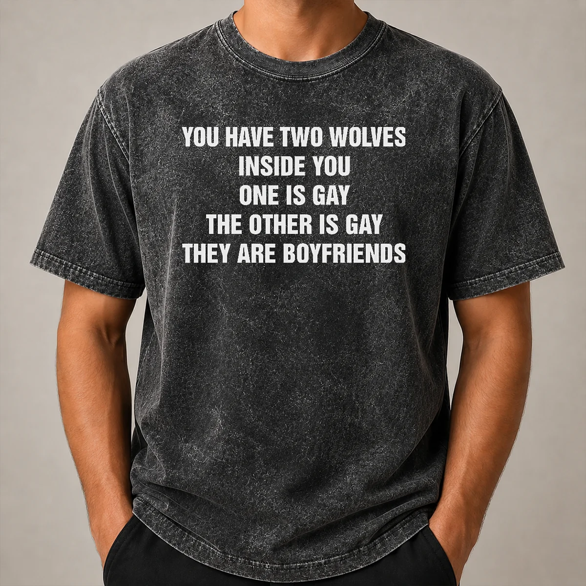 Premium You Have Two Wolves Inside You One Is Gay The Other Is Gay They Are Boyfriends Text Washed T Shirt Premium You Have Two Wolves Inside You One Is Gay The Other Is Gay They Are Boyfriends Text printed on a soft washed t shirt in light gray