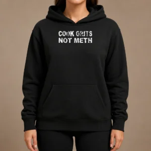 Pretty Cook Grits Not Meth Hoodie in black, front view with drawstring hood and kangaroo pocket