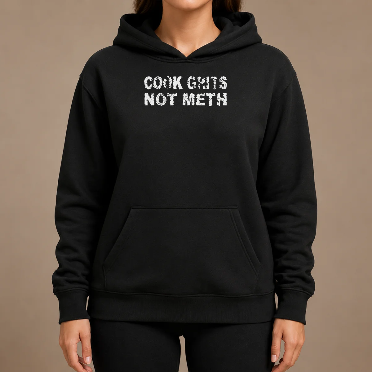 Pretty Cook Grits Not Meth Hoodie Pretty Cook Grits Not Meth Hoodie in black, front view with drawstring hood and kangaroo pocket