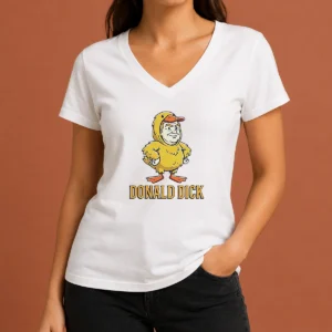 Pretty Donald Dick Parody V Neck Shirt featuring a bold graphic on a soft cotton blend fabric with a flattering V neckline
