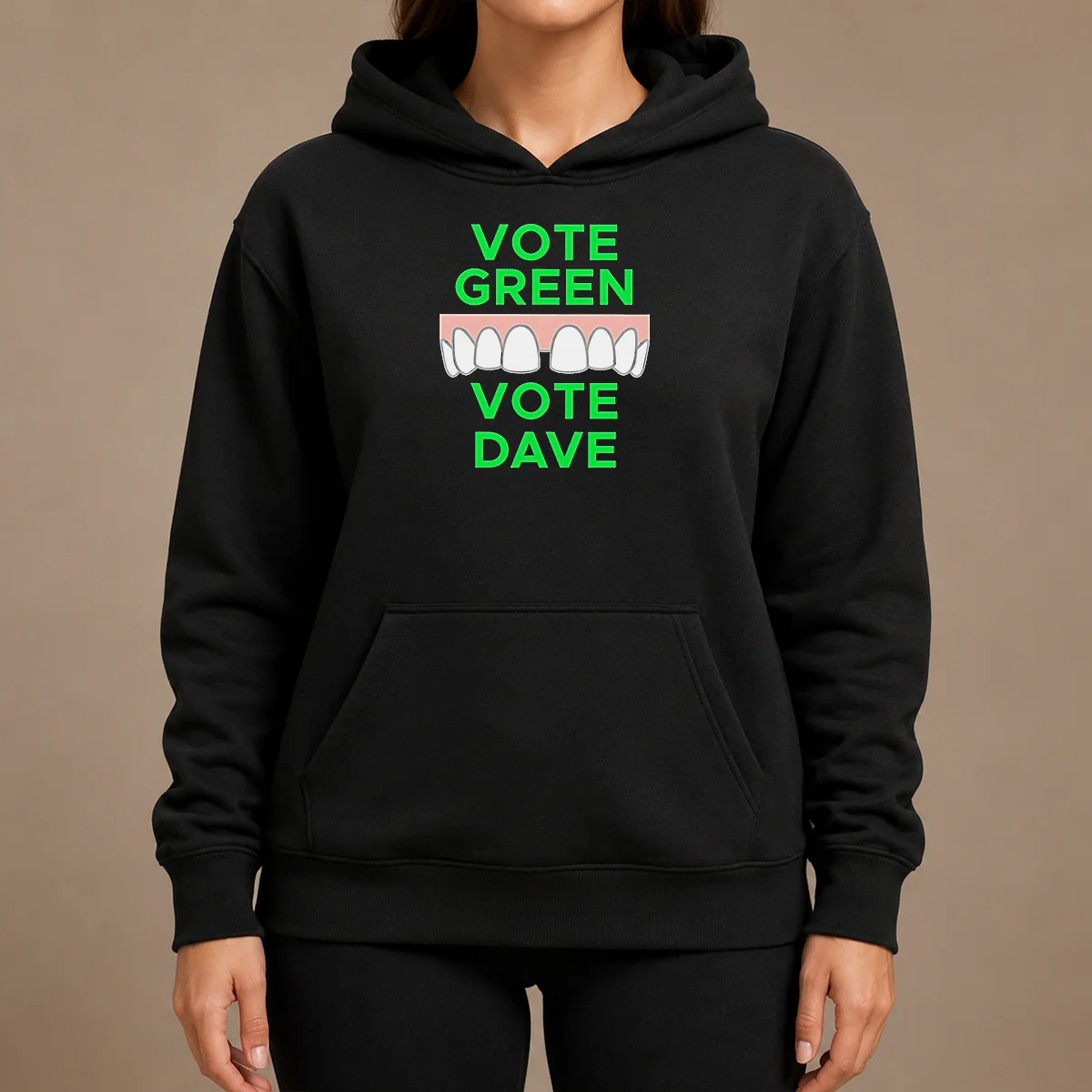 Pretty Hot Vote Green Vote Dave Missing Front Tooth Gap Hoodie Pretty Hot Vote Green Vote Dave Missing Front Tooth Gap Hoodie in green, front view showing full design and hood