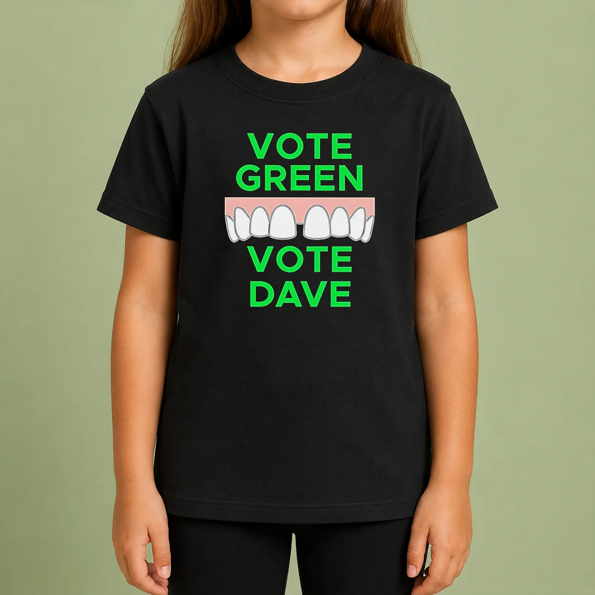 Pretty Hot Vote Green Vote Dave Missing Front Tooth Gap Kids T Shirt Pretty Hot Vote Green Vote Dave Missing Front Tooth Gap Kids T Shirt in bright green color with unique front tooth gap graphic