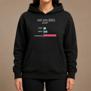 Pretty Hot What Gives People Power Money Status Mitochondria Hoodie in black, front view with kangaroo pocket and adjustable drawstring hood