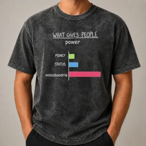 Pretty Hot What Gives People Power Money Status Mitochondria Washed T Shirt in soft cotton with faded vintage look