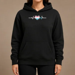 Pretty Premium Transgender Pride Flag Heart Heartbeat Line Hoodie in soft fabric with vibrant colors and front pocket