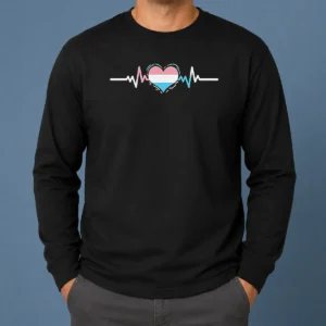 Pretty Premium Transgender Pride Flag Heart Heartbeat Line Long Sleeve Shirt displaying vibrant pride colors on a comfortable long sleeve garment