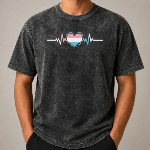 Pretty Premium Transgender Pride Flag Heart Heartbeat Line Washed T Shirt showcasing vibrant colors on soft fabric