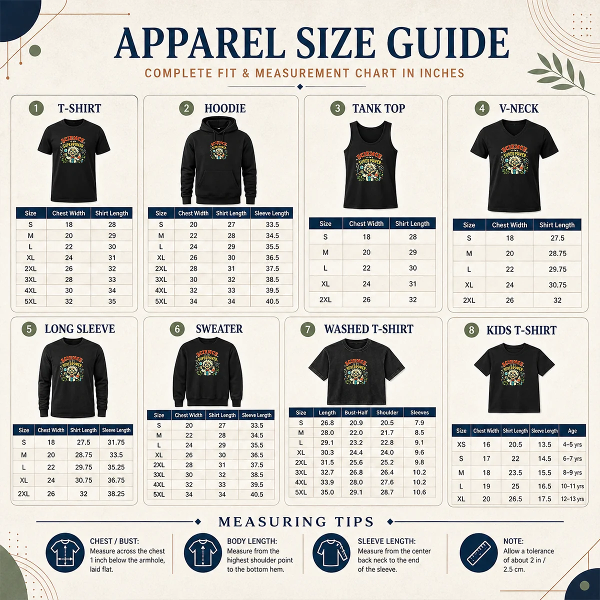 Pretty Science Is My Superpower Vintage Size Chart Size chart for Pretty Science Is My Superpower Vintage with measurements in inches and cm