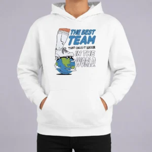 Pretty The Best Team That Calls It Soccer In The World Hoodie in black, front view with kangaroo pocket and drawstring hood