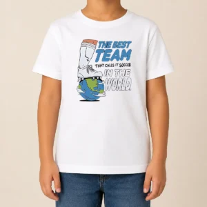 Pretty The Best Team That Calls It Soccer In The World kids t shirt in bright colors with bold text design