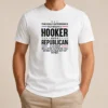 Pretty The Only Difference Between A Hooker And A Republican Political t shirt in black, short sleeve cotton tee with bold white text