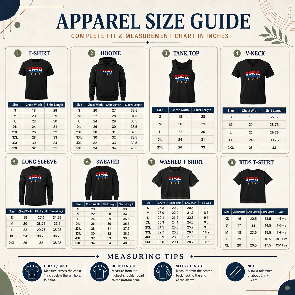 Pretty Top USA Popsicle Summer Celebrations Beach Party Size Chart Size chart for Pretty Top USA Popsicle Summer Celebrations Beach Party with measurements in inches and centimeters