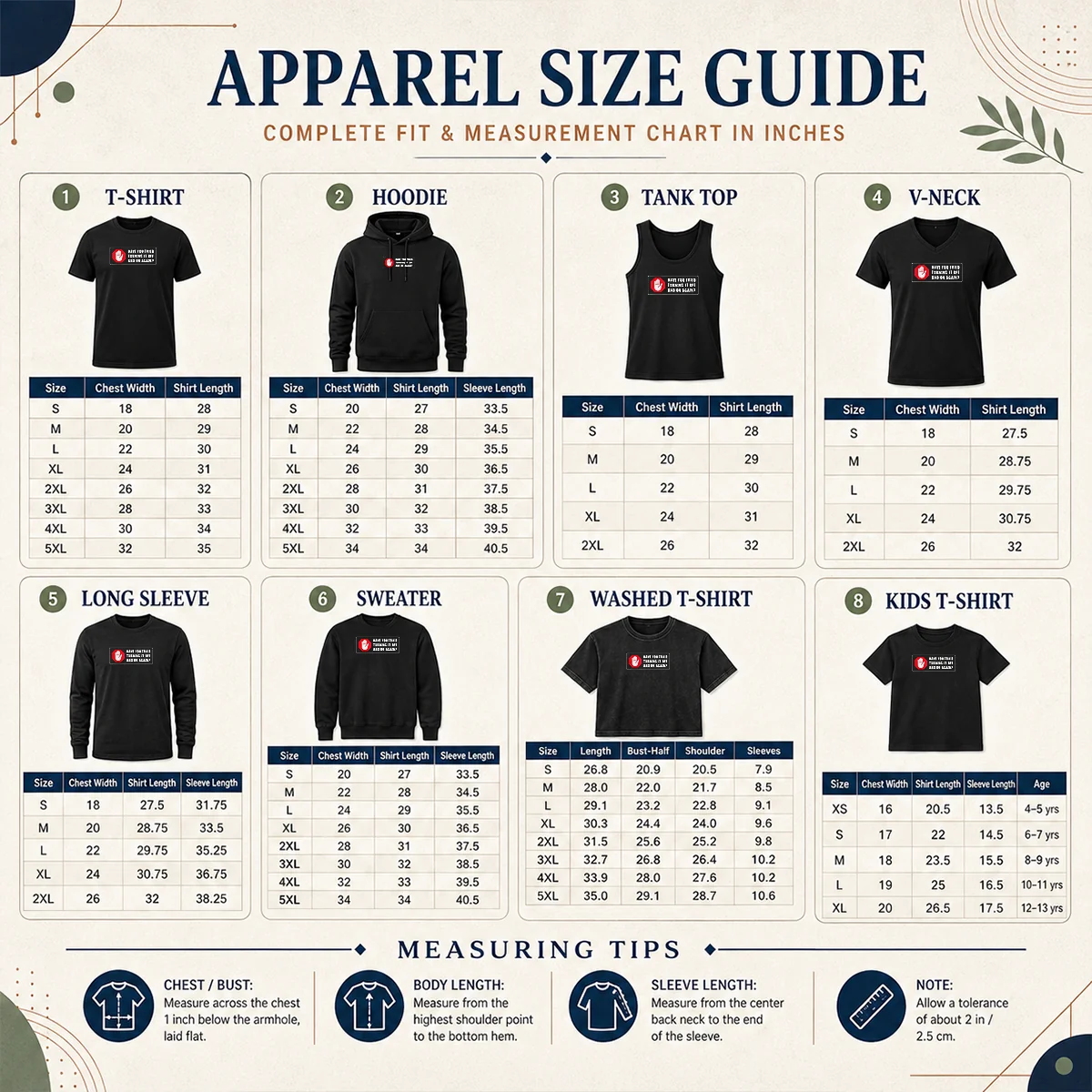 Pretty Turn It Off And On Size Chart Size chart for Pretty Turn It Off And On with measurements in inches and cm